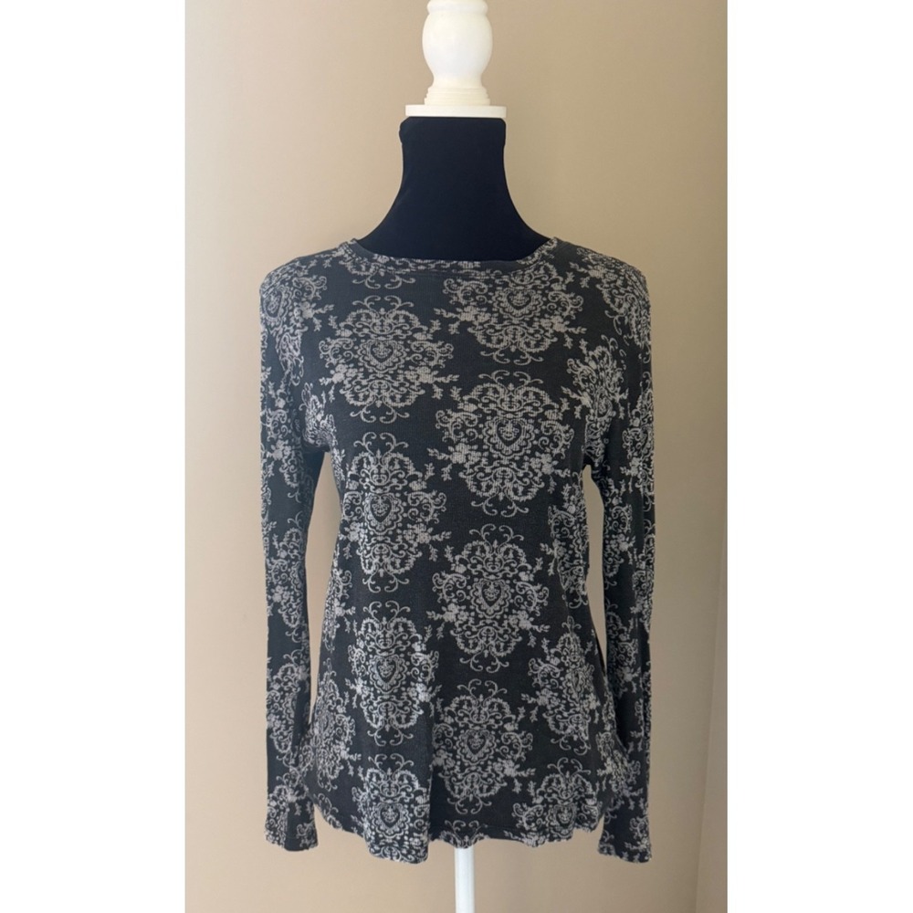 Harold's Burnout Y2K Thermal Top Women Large Black Gray Damask Long Sleeve USA